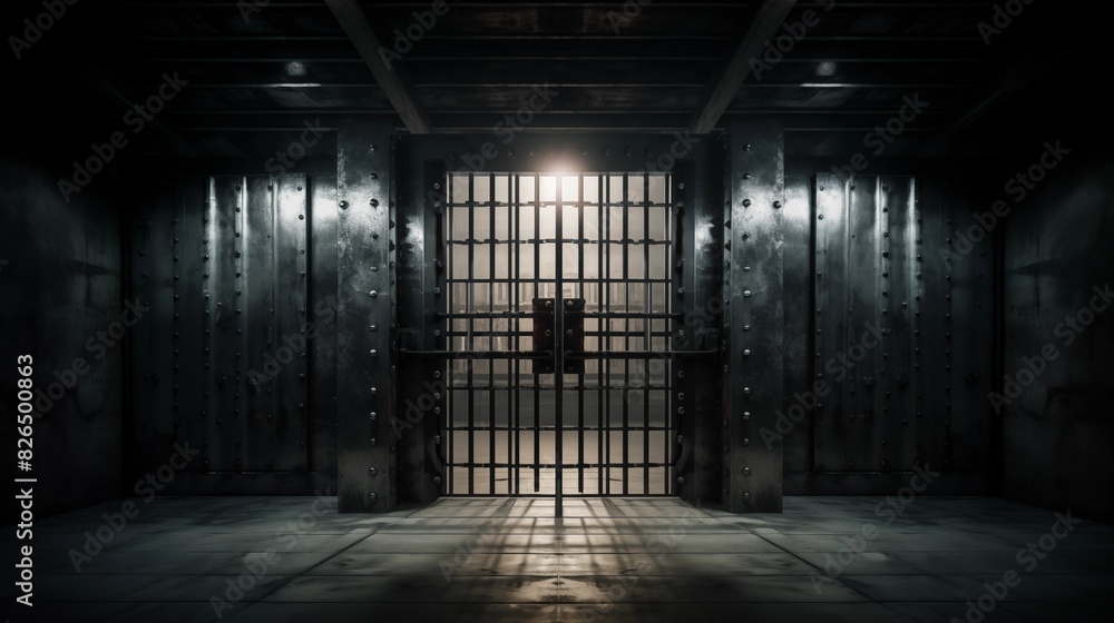 A Dimly Lit Prison Cell with Heavy Metal Bars and Intense Security A Dimly Lit Prison Cell with Heavy Metal Bars and Intense Security