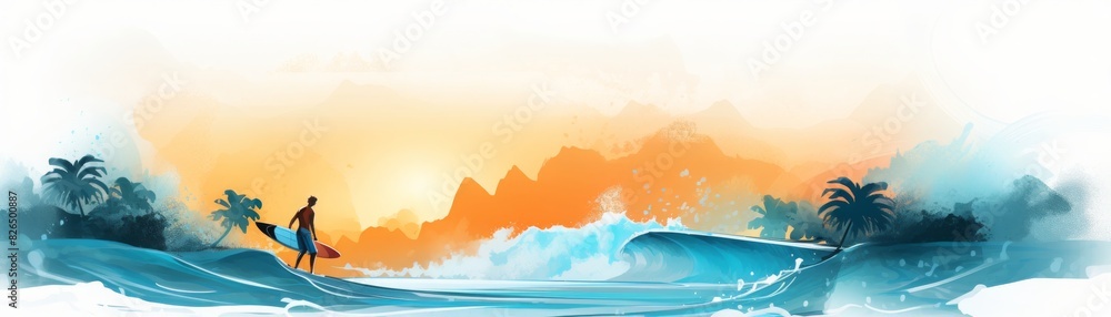 A man is surfing in the ocean with a palm tree in the background, watercolor illustrations, summer, vacation time. A man is surfing in the ocean with a palm tree in the background, watercolor illustrations, summer, vacation time.