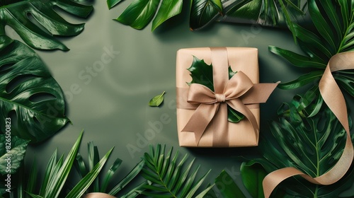 A gift box tied with a pink ribbon bow, on a flat lay solid color background, surrounded by dried leaves, offering space for copy