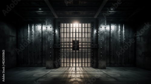 A Dimly Lit Prison Cell with Heavy Metal Bars and Intense Security photo