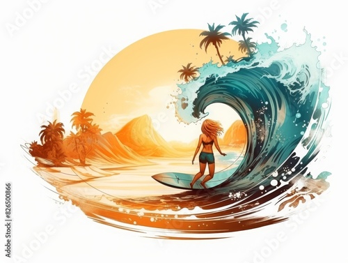 A woman is surfing a wave in the ocean, watercolor illustrations, summer, vacation time.