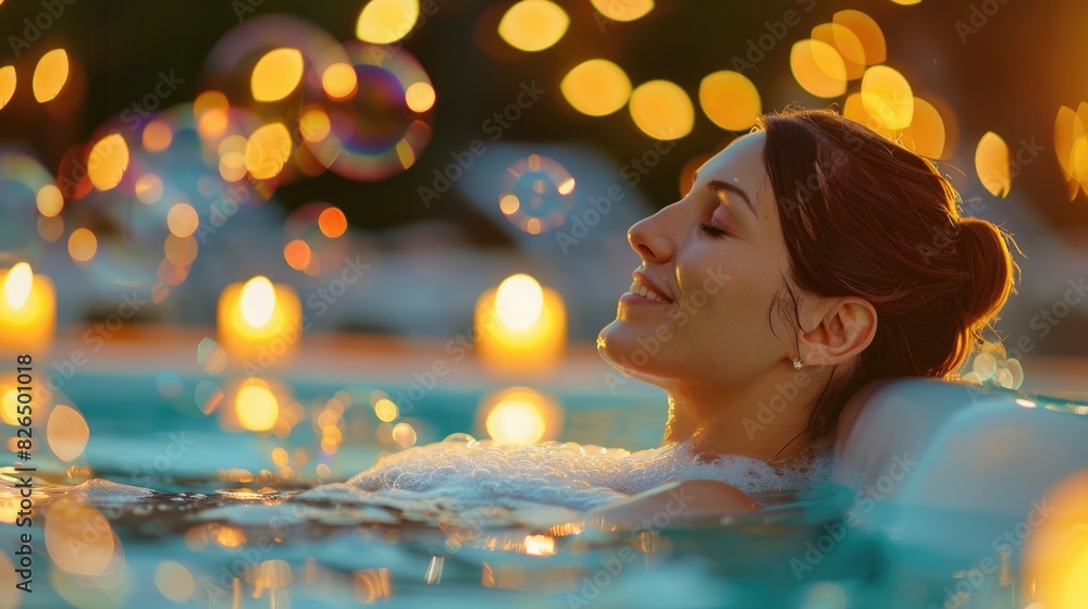 Fototapeta premium Serene Woman Relaxing in Spa Pool Surrounded by Candles and Bubbles with Soft Ambient Light from Side Angle