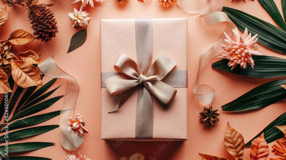 Fototapeta premium A gift box tied with a pink ribbon bow, on a flat lay solid color background, surrounded by dried leaves, offering space for copy