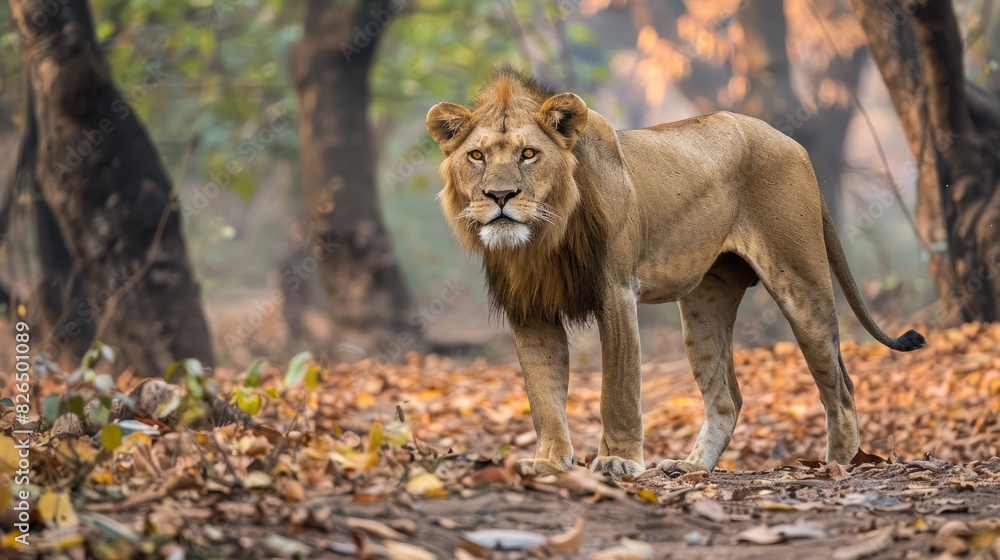 Naklejka premium Photograph of a male Asiatic lion native to Gujarat captured in a park