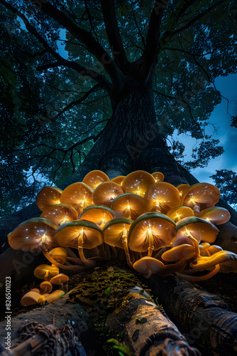 Symbiosis Illuminated: Glowing Mushroom Network Intertwines with Majestic Tree Roots photo