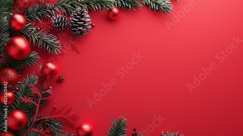 Red and green Christmas background with ornaments.