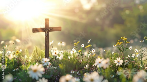 The image is a beautiful landscape with a wooden cross in the foreground.
