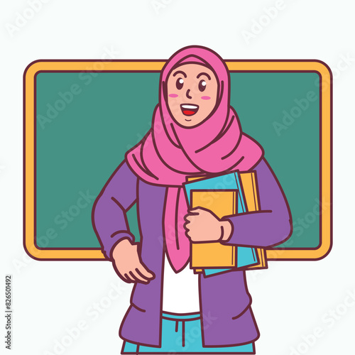 Cartoon of a female teacher in a hijab carrying a book, and a blackboard behind her