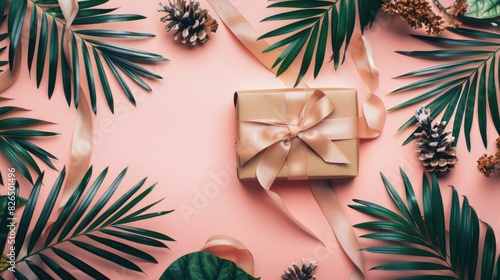 A gift box tied with a ribbon bow, placed on a flat lay solid color background with tropical leaves and dried flowers, offering space for copy. photo