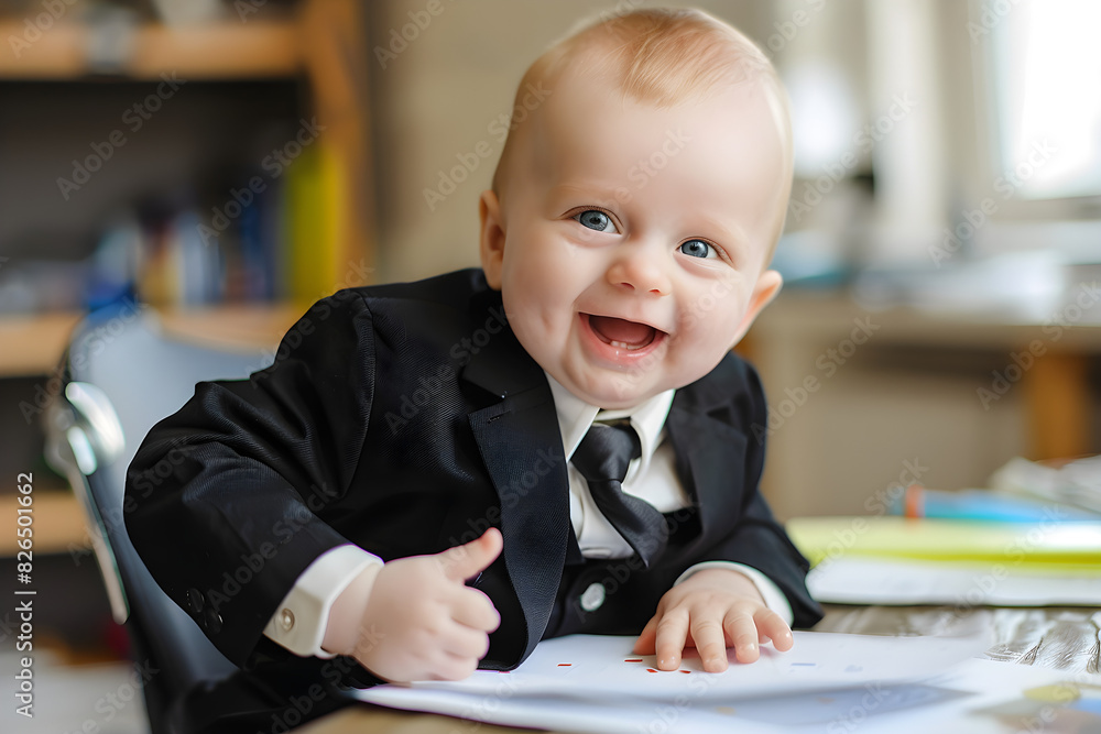 A cute baby boy in a business suit joyfully working in an office, representing leadership and professionalism. A cute baby boy in a business suit joyfully working in an office, representing leadership and professionalism.