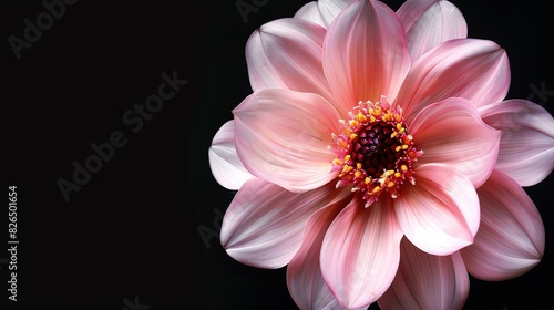 Light pink dahlia flower in full bloom isolated on black background. The petals are soft and delicate  and the flower is perfectly symmetrical.