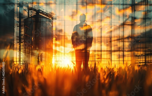 Wallpaper Mural Silhouette of a person standing against a vibrant sunset backdrop with a blend of industrial and natural elements, evoking introspection. Torontodigital.ca