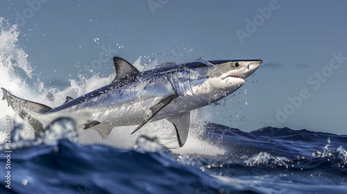 A majestic mako shark breaching the surface in a burst of speed  its sleek body arcing gracefully against the backdrop of a deep blue sky.