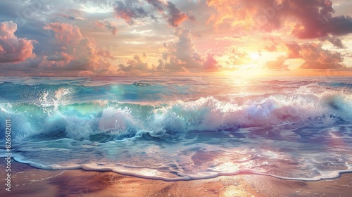 Turbulent ocean waves are illuminated by a dramatic sunset with vibrant orange and pink hues under a cloud-filled sky.