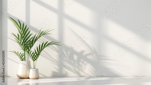 Elegant Green Plants in White Ceramic Pots Bathed in Sunlight Against a Minimalist White Wall.