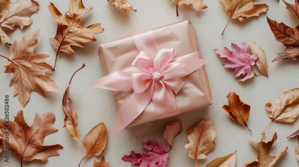 A gift box with a decorative ribbon bow, set on a flat lay solid color background with dried flowers and tropical leaves, featuring ample area for copy A gift box with a decorative ribbon bow, set on a flat lay solid color background with dried flowers and tropical leaves, featuring ample area for copy