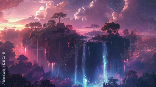 Fantasy digital art depicting mystical floating islands with radiant waterfall lights under a dreamy pink sunset sky.