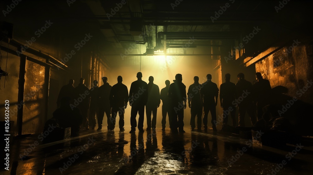 Silhouettes of Men Gathered in a Dark, Underground Tunnel with a Backlit Glow Casting Shadows Silhouettes of Men Gathered in a Dark, Underground Tunnel with a Backlit Glow Casting Shadows