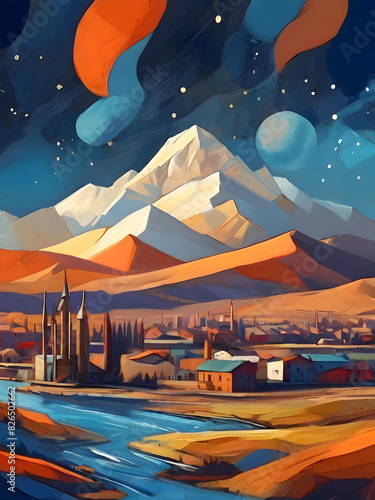 Kyrgyzstan Cubism Country Landscape Illustration Art 