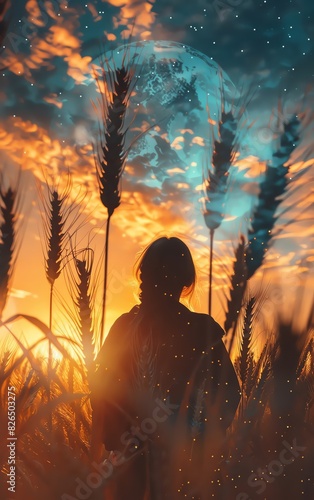 Surreal silhouette of a person in a wheat field with a vivid sunset and a large moon in the sky, blending nature and fantasy elements.