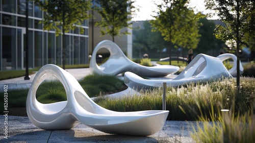 A serene outdoor plaza with abstract white sculptures featuring minimalist curves, providing a tranquil space for relaxation and contemplation.