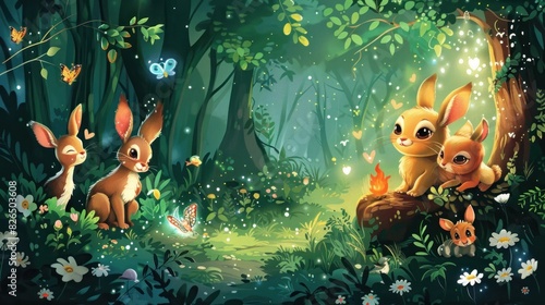 Whimsical Forest Animals Dabbing in Magical Lighting with Fairy Dust photo