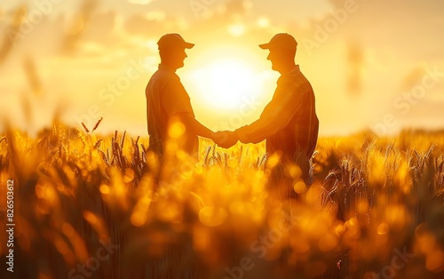 Two farmers shaking hands in a golden wheat field at sunset, symbolizing partnership and agreement in agriculture.