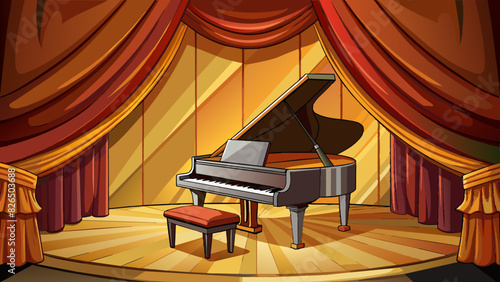 Grand Piano on Stage with Velvet Curtains in Concert Hall