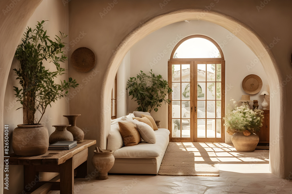 The interior design of a modern home entryway hall features a Mediterranean Boho aesthetic with an arched wall. The interior design of a modern home entryway hall features a Mediterranean Boho aesthetic with an arched wall.