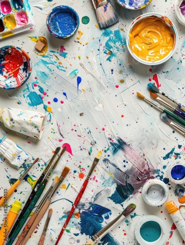 Top view of a craft table with various art supplies like paints, brushes, and paper, with an open area on the right for customization