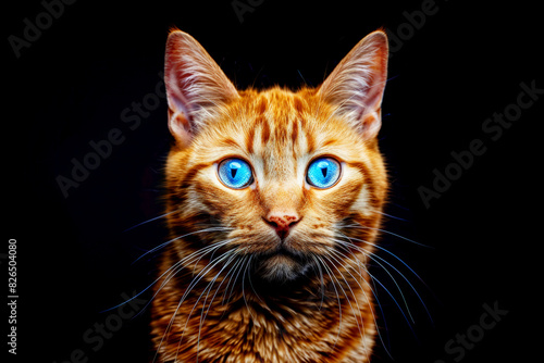 Stunning portrait of a ginger cat with mesmerizing blue eyes against a dark background.