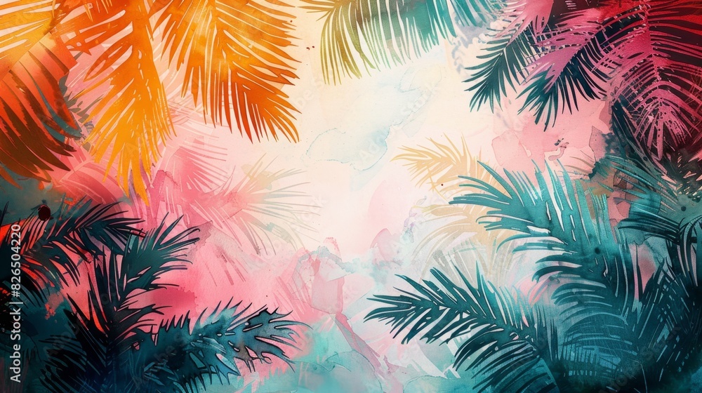 A dreamy tropical scene is depicted in a stylized image featuring silhouetted palm trees against fluffy pink and blue clouds. A dreamy tropical scene is depicted in a stylized image featuring silhouetted palm trees against fluffy pink and blue clouds.