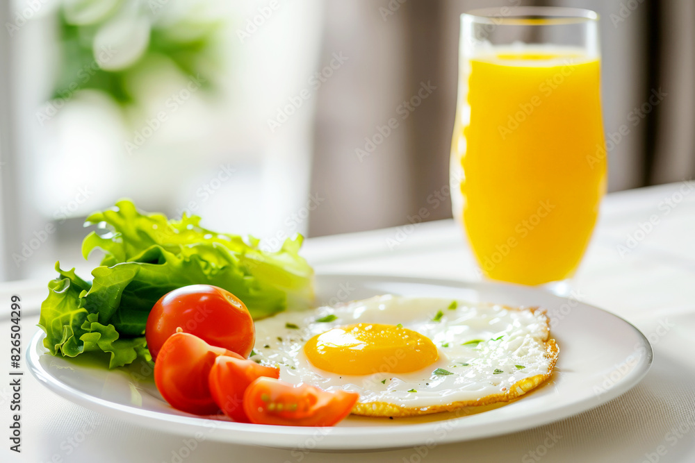Healthy breakfast with a fried egg, fresh lettuce, cherry tomatoes, and a glass of orange juice. Healthy breakfast with a fried egg, fresh lettuce, cherry tomatoes, and a glass of orange juice.