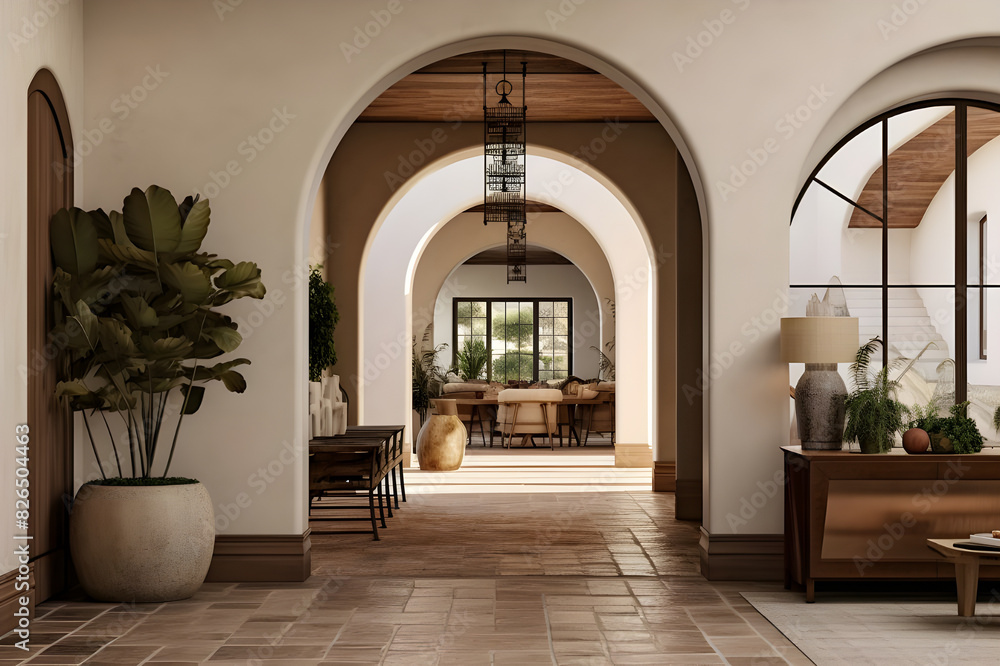 The interior design of a modern home entryway hall features a Mediterranean Boho aesthetic with an arched wall. The interior design of a modern home entryway hall features a Mediterranean Boho aesthetic with an arched wall.
