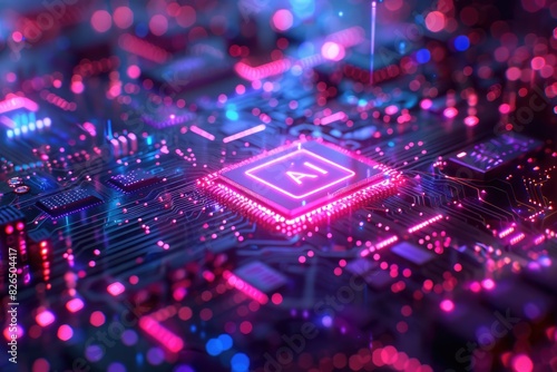Artificial Intelligence (AI) concept, Abstract AI processor and quantum computer background.