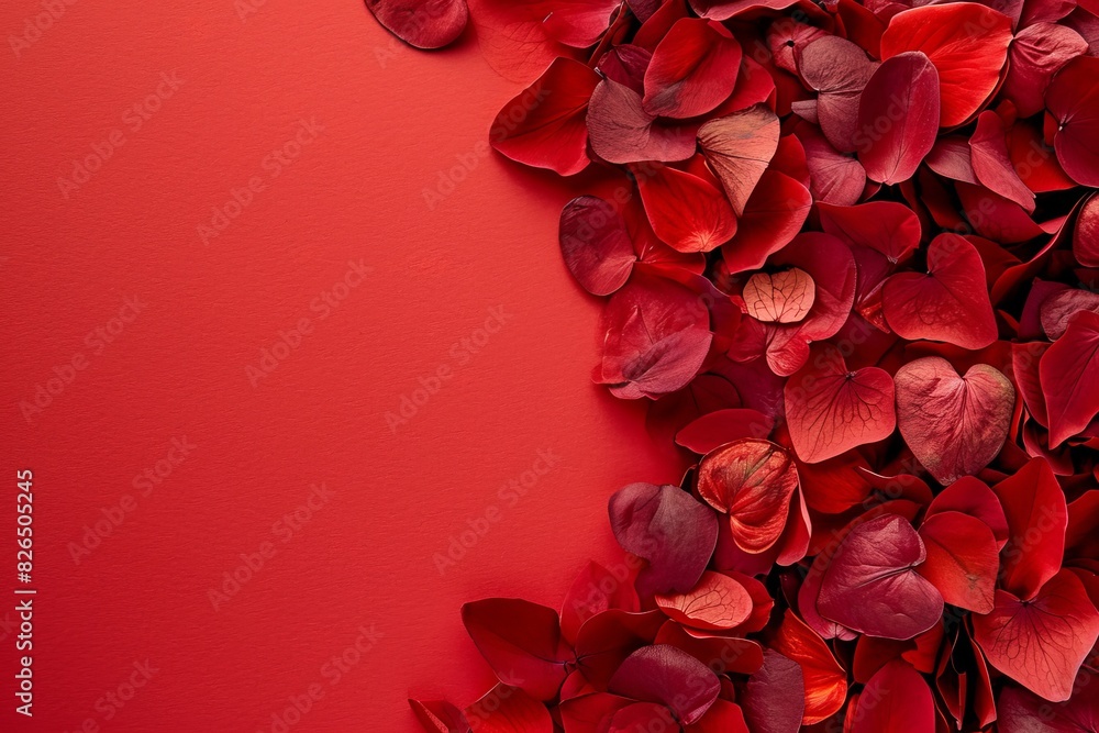 Red rose petals form a frame on red background for valentine's day content