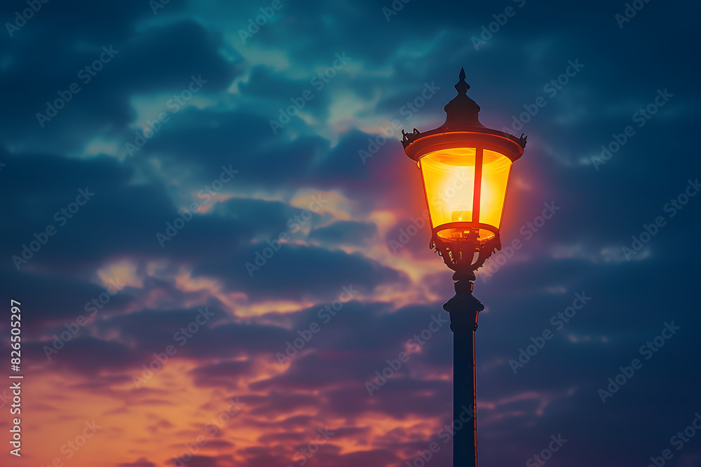 A lit streetlight against a dusk sky