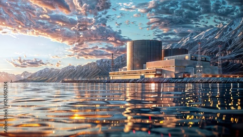 A striking image of a small modular nuclear reactor facility in a mountainous landscape, featuring sleek modern buildings with glowing lights reflected in the calm lake at sunset. photo