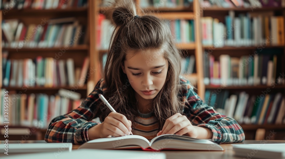 Young girl studying in a library, reading a book and writing notes against the background of shelves with books. Young girl studying in a library, reading a book and writing notes against the background of shelves with books.