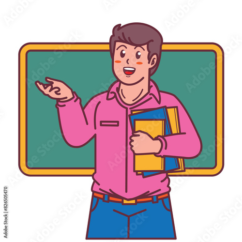 Cartoon male teacher carrying a book, and a blackboard behind him