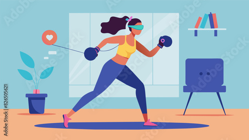 A woman incorporating virtual reality boxing into her athome workout routine as a way to destress from work.. Vector illustration