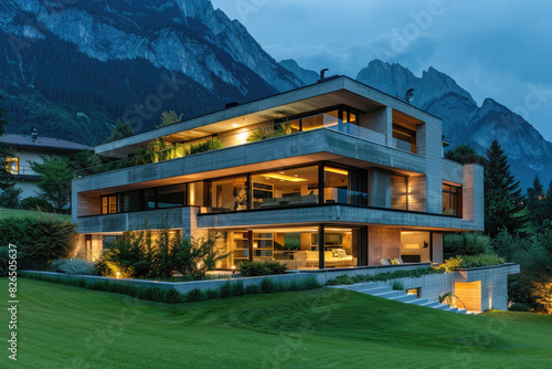 modern house in the Alps, made of concrete and wood, architecture photography, night time, lights on inside, green grassy lawn with trees and shrubs, mountain range behind it photo