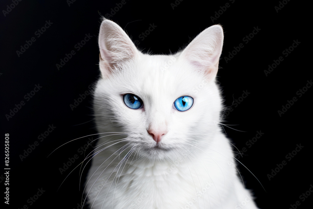 Elegant white cat with bright blue eyes, posing against a black background. Elegant white cat with bright blue eyes, posing against a black background.