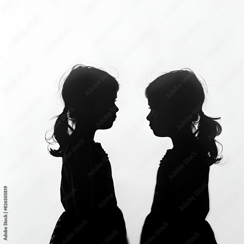 Embracing the Bond, A Silhouette of Two Sisters Standing in Front of One Another on a Pristine White Background for Sisters Day Concept