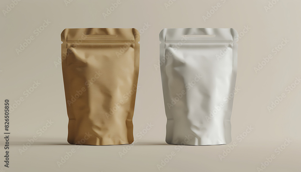Realistic mockup of two product paper bags with ziplock closures, one in brown kraft and one in white, side by side against a neutral background Realistic mockup of two product paper bags with ziplock closures, one in brown kraft and one in white, side by side against a neutral background