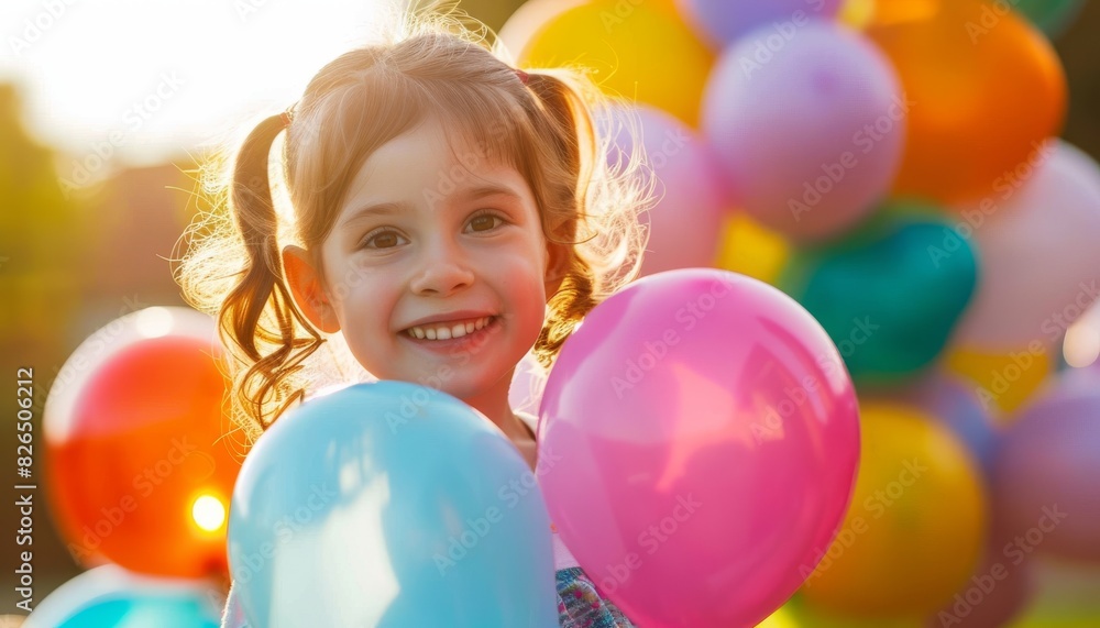 custom made wallpaper toronto digitalSmiling young girl holding colorful balloons at an outdoor Children's Day celebration, with sunlight and more balloons in the background, creating a joyful and festive atmosphere