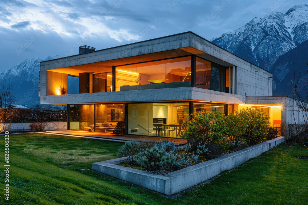 modern house in the Alps, made of concrete and wood, architecture photography, night time, lights on inside, green grassy lawn with trees and shrubs, mountain range behind it