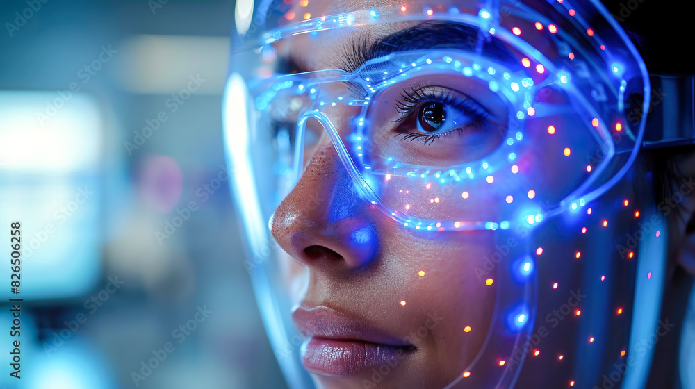 Attractive woman with a holographic interface projection mapping across her face. AI integration Attractive woman with a holographic interface projection mapping across her face. AI integration