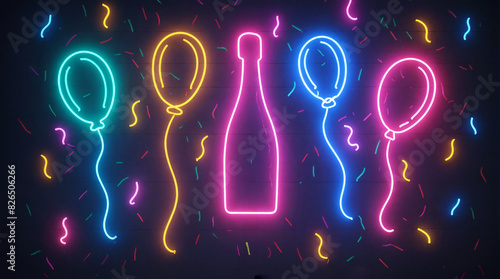 Colourful balloons with neon light glow, falling confetti, champagne bottle, dark background. Party, birthday, night event, new year celebration