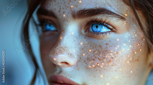 Attractive woman with a holographic interface projection mapping across her face. AI integration